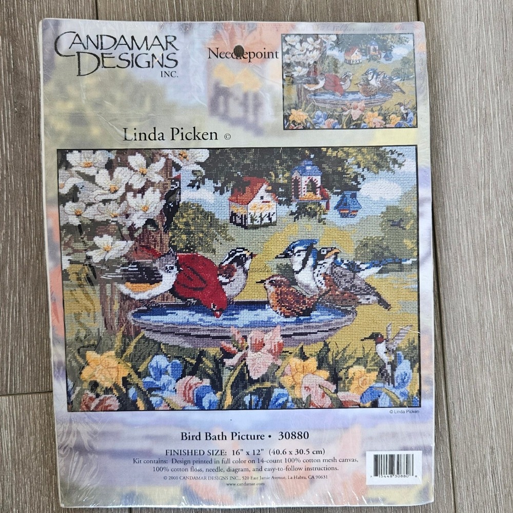Candamar Designs Linda Picken Bird Bath Picture Needlepoint Kit 30880 16x12 NEW
